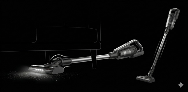 Akkusauger saugt flach unter einem Sofa