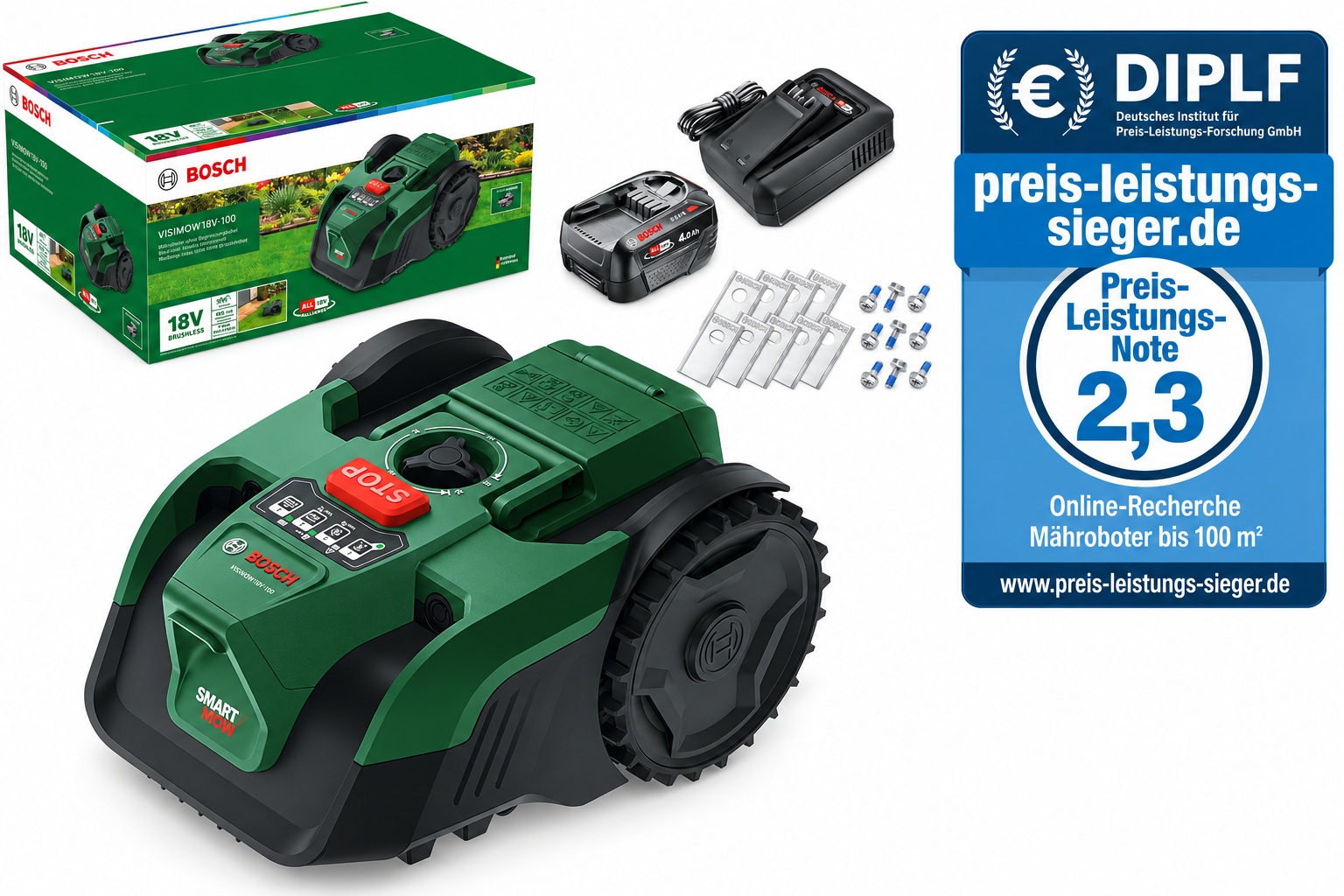 Bosch Visimow 18V-100 – Preis-Leistungs-Note 2,3 für Rasenflächen bis 100 m²